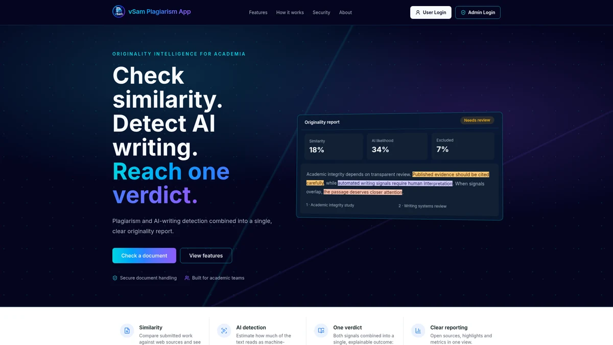 vSAM Plagiarism prototype landing-page preview