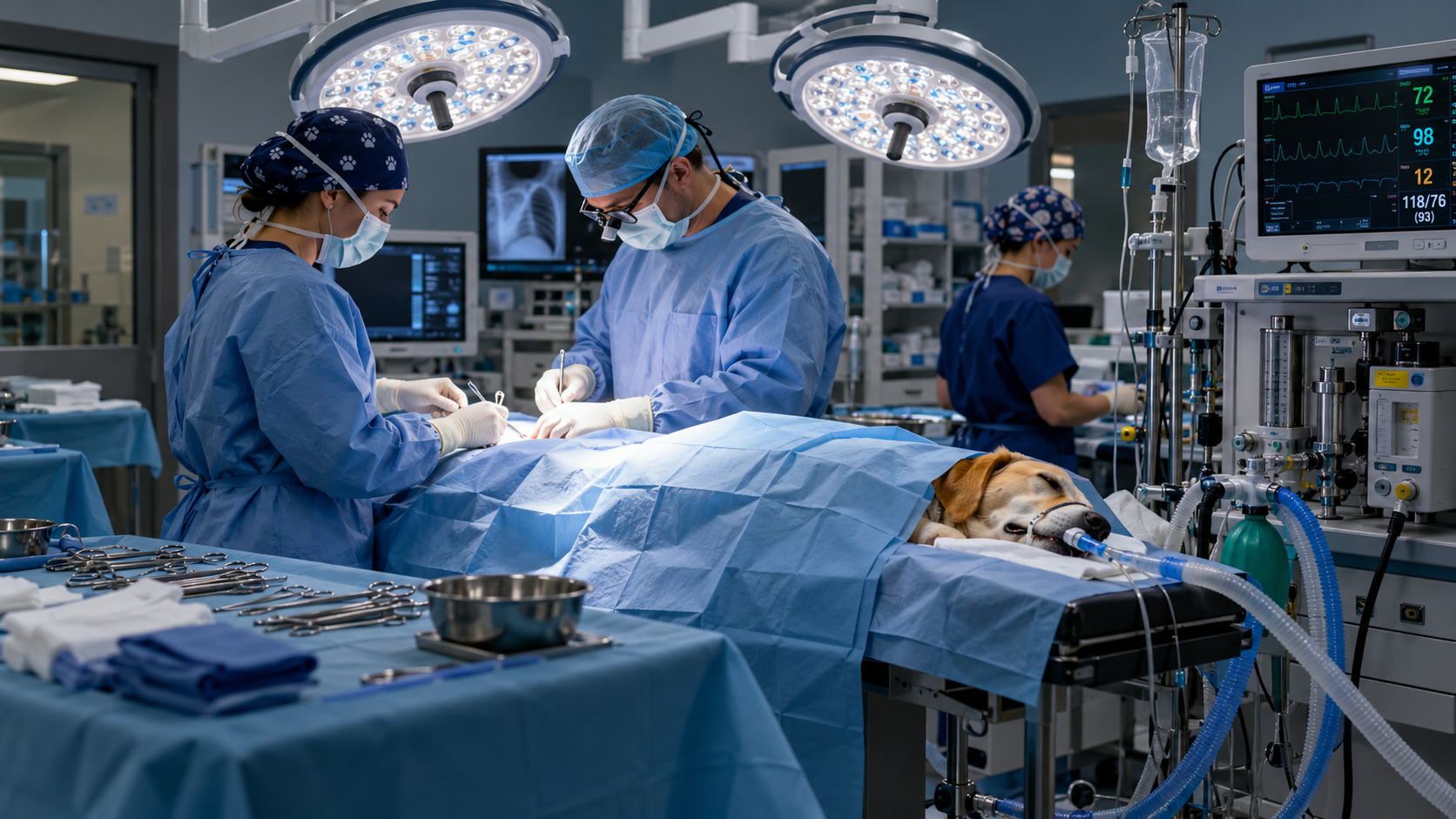 Veterinary surgical team operating on an anaesthetised dog in an operating theatre with surgical lights and patient monitors