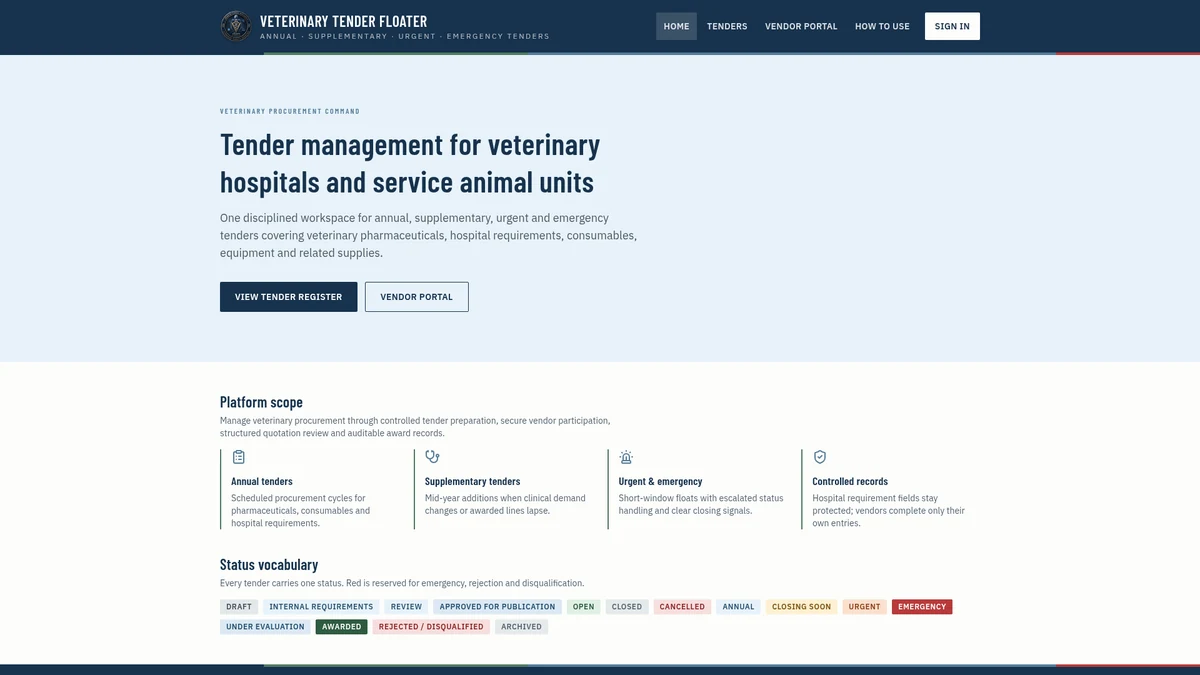 Vet Tender Floater prototype landing-page preview