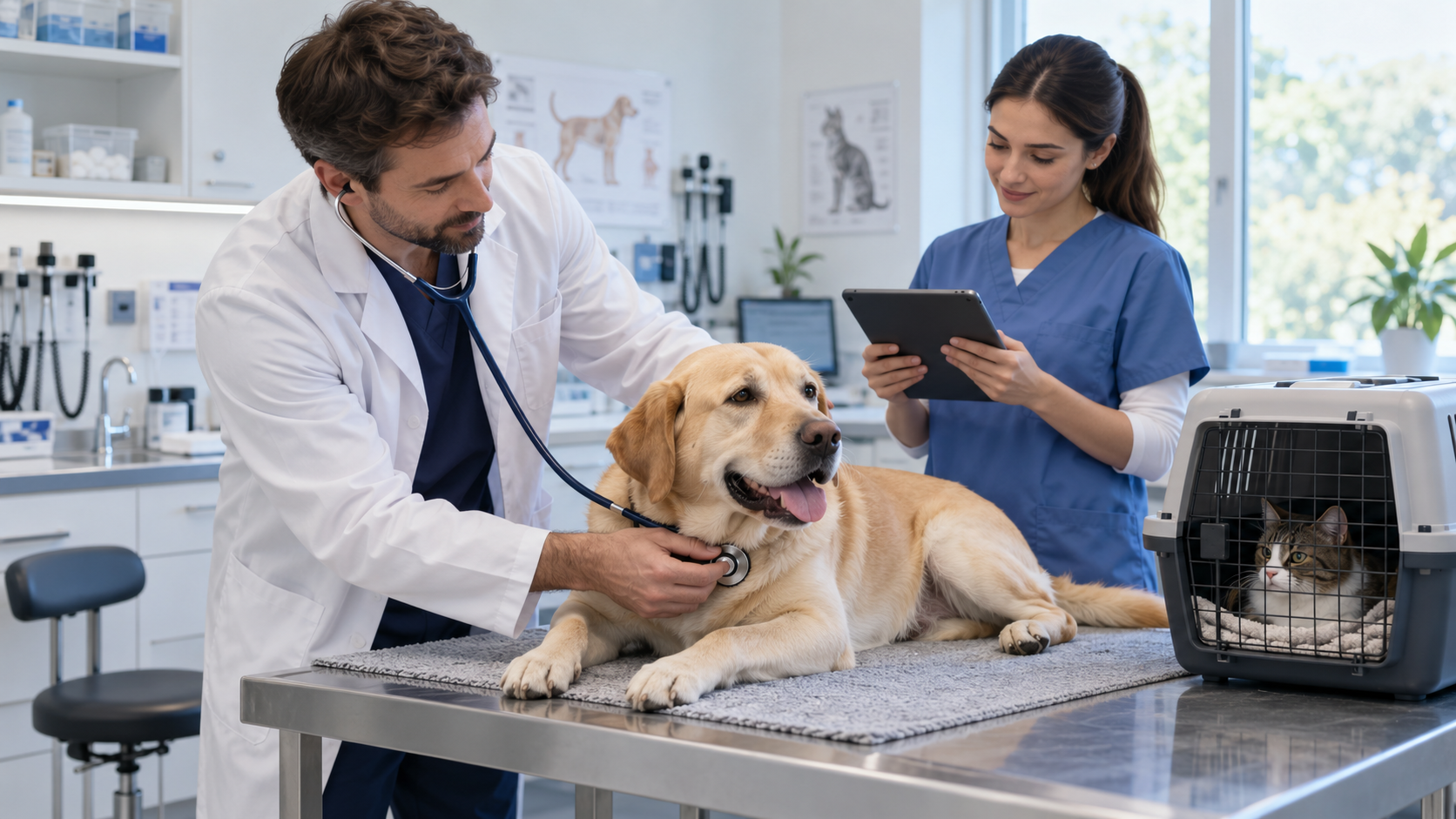 Veterinarian examining a golden retriever with a stethoscope while a nurse records details on a tablet, with a cat waiting in a carrier