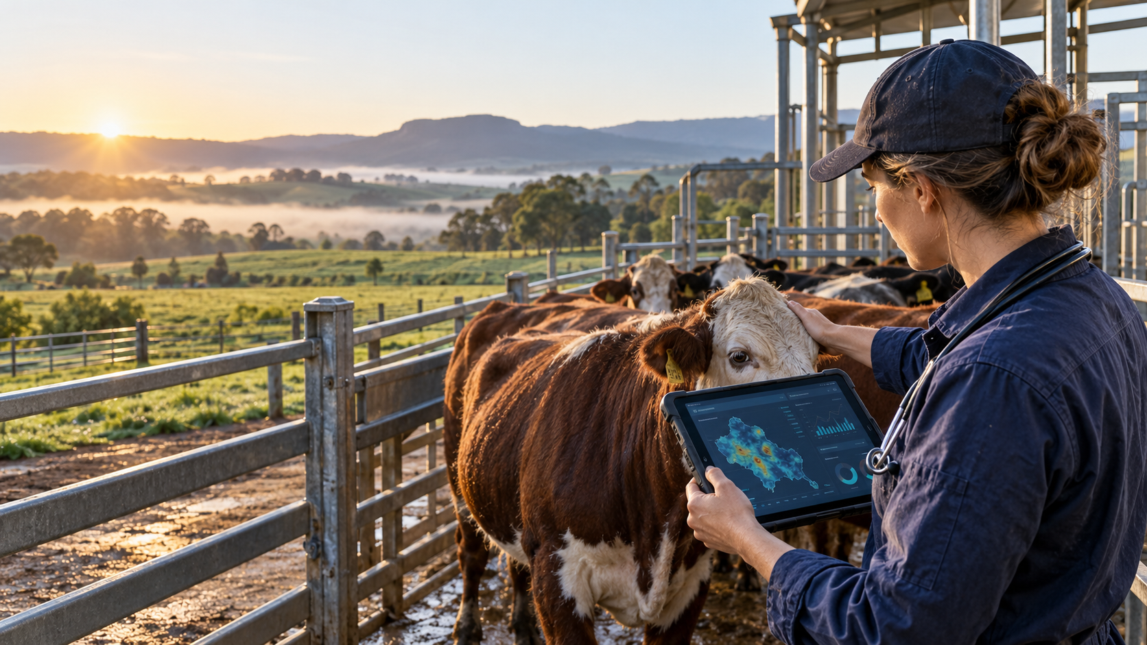 Field veterinarian with a stethoscope touches a Hereford cow in a cattle yard at sunrise while holding a tablet showing a regional heat map and charts