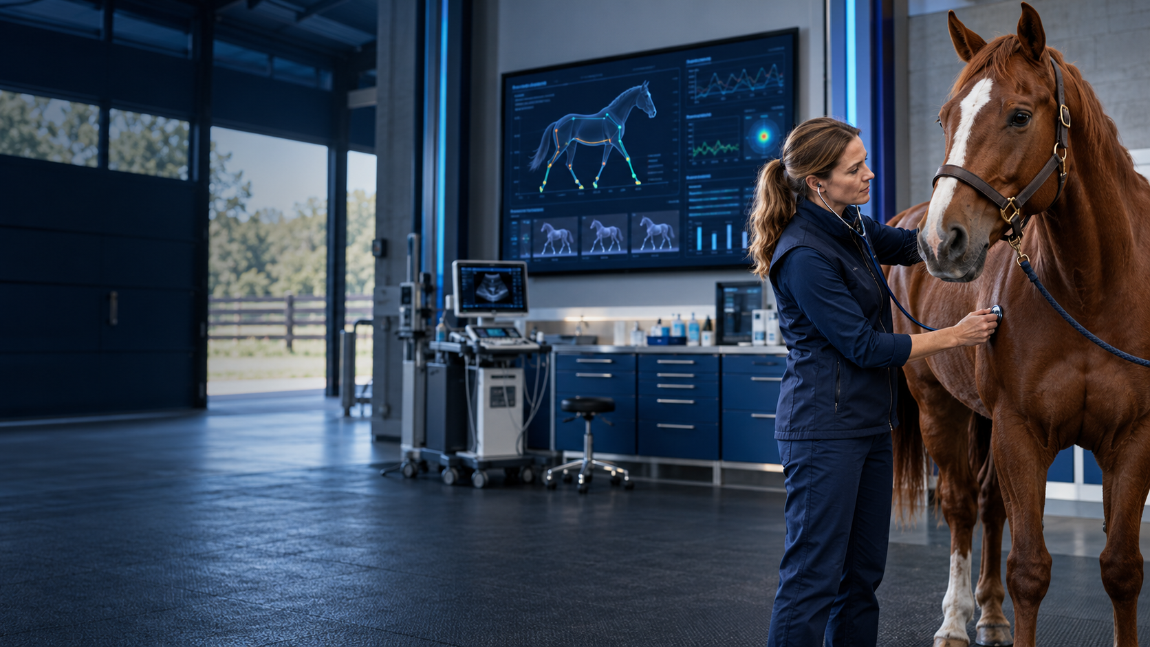 Veterinarian listening to a chestnut horse's heart with a stethoscope in a modern equine hospital with clinical monitors