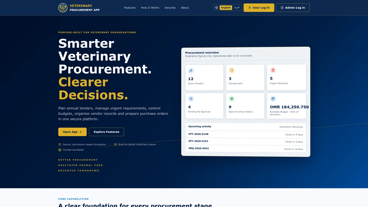 Vet Tender prototype landing-page preview