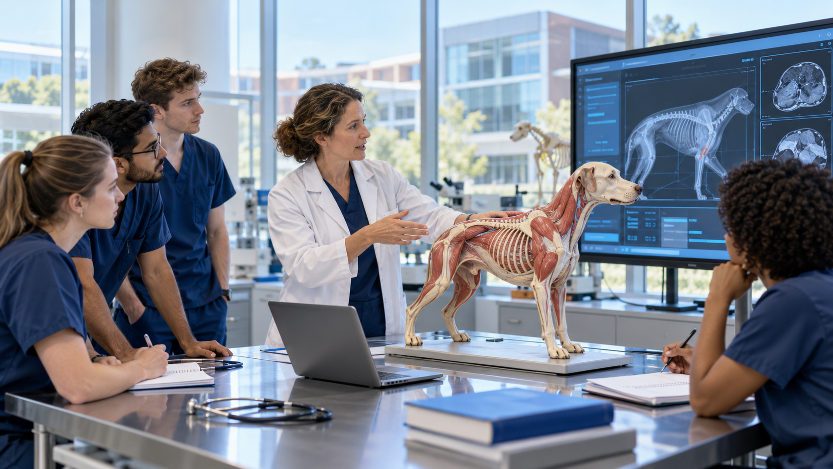 Lecturer in a white coat teaches four veterinary students around an anatomical dog model showing muscles and skeleton, with a display of canine radiographs behind