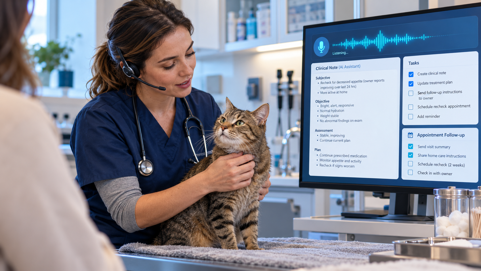 Veterinarian wearing a headset examines a tabby cat while a nearby monitor shows a voice assistant listening and drafting a clinical note, task list and follow-up checklist